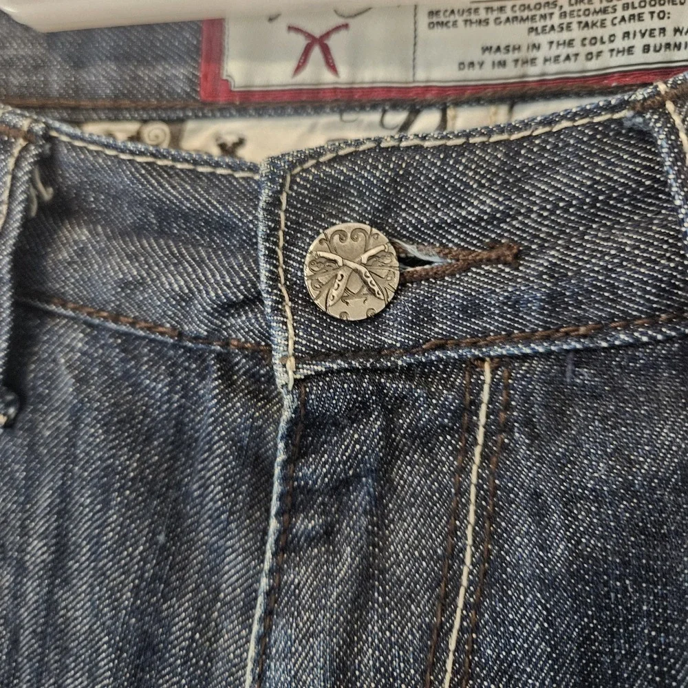 Artful Dodger Relaxed Straight Leg Embroidered Jeans Blue Streetwear Y2K 32